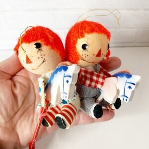 Vtg Raggedy Ann & Andy Riding Hobby Horses Christmas Ornaments Felt Hong Kong